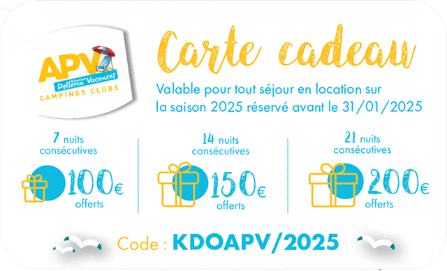 Carte Cadeau Camping APV 100€ à 200€ pour 1 à 3 semaines en location